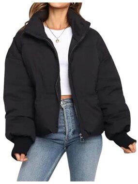 Womens Cropped Puffer Jacket Short Winter Coat Quilted Zip Warm Jacket